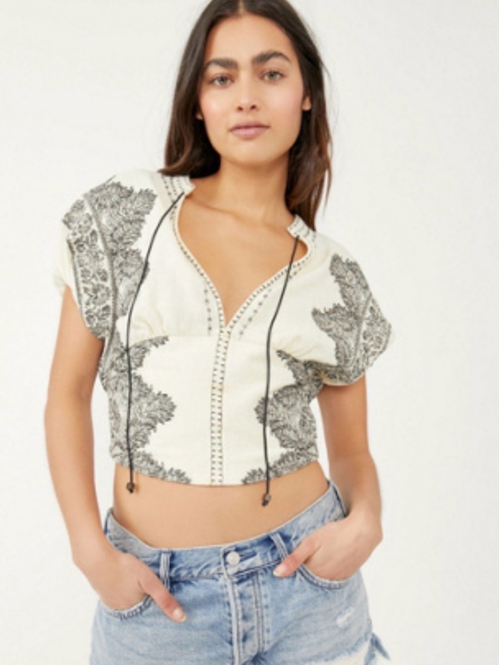 Free People Temecula Printed Blouse White Black Embroidered Boho Size L